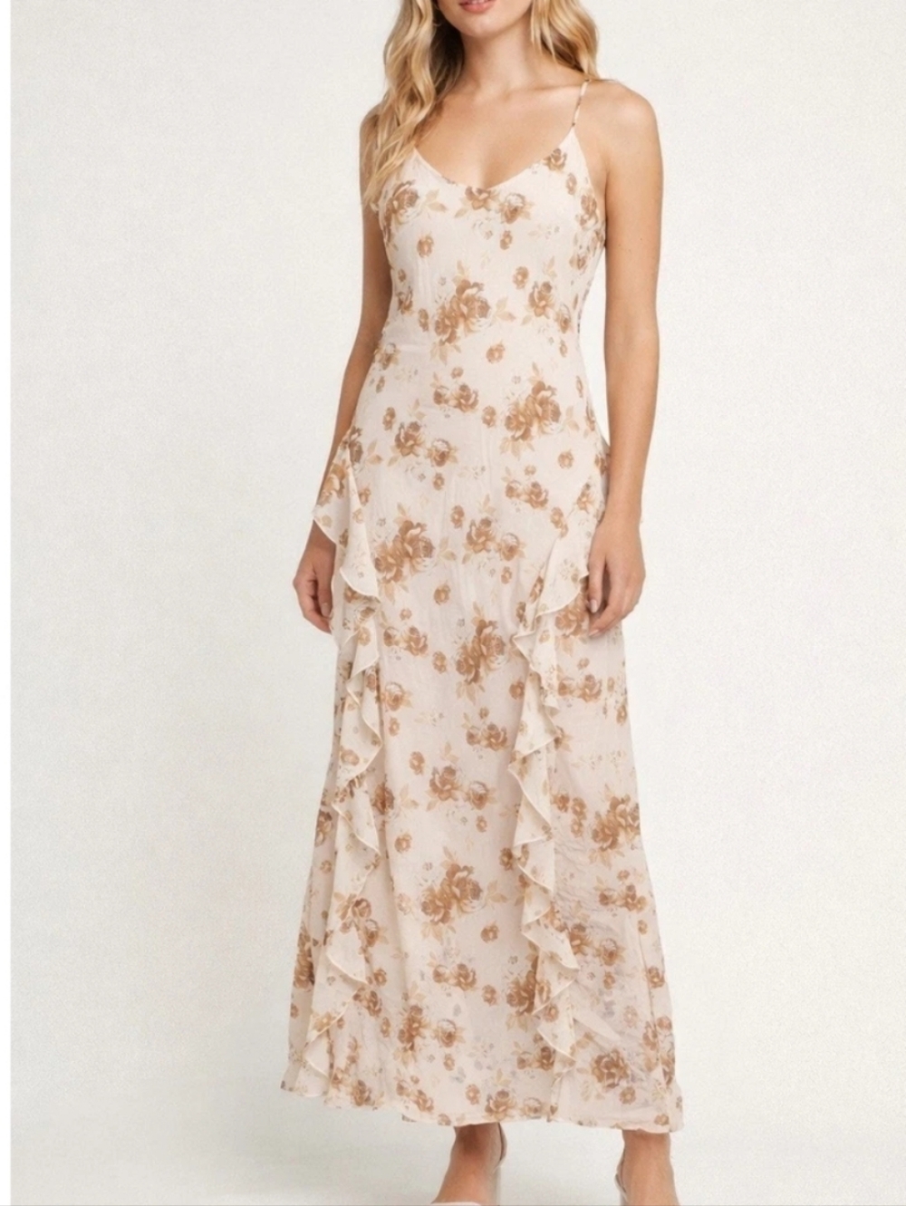 Forever 21 Nwt Floral Flouncy Maxi Slip Dress Peach Feminine Girly Coquette L